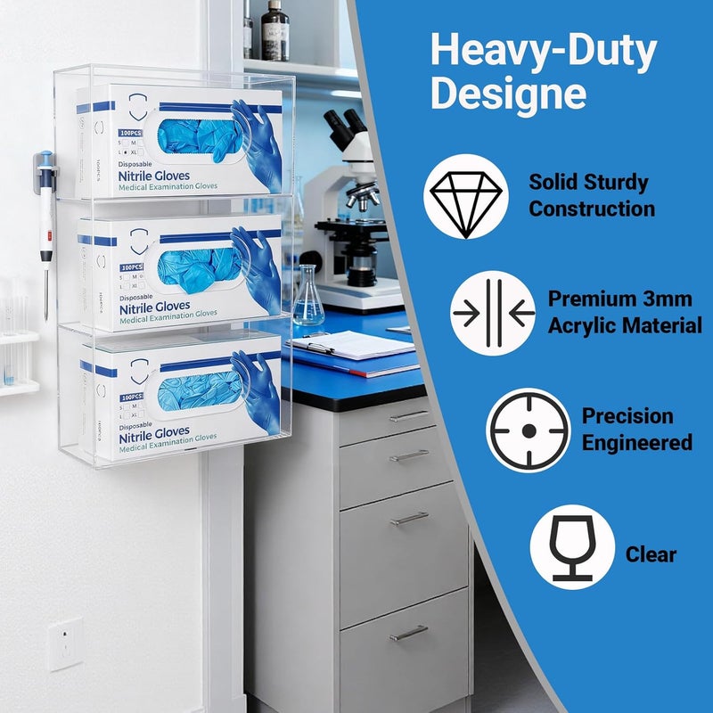 Aphbrada Triple Glove Box Holder Wall Mount, 3 Compartments Clear Acrylic Rubber Nitrile Gloves Dispenser for Lab, Hospital, Kitchen - Side-Loading - Mounting Hardware Included -10 x 3.5 x 16.4 IN - Image 3